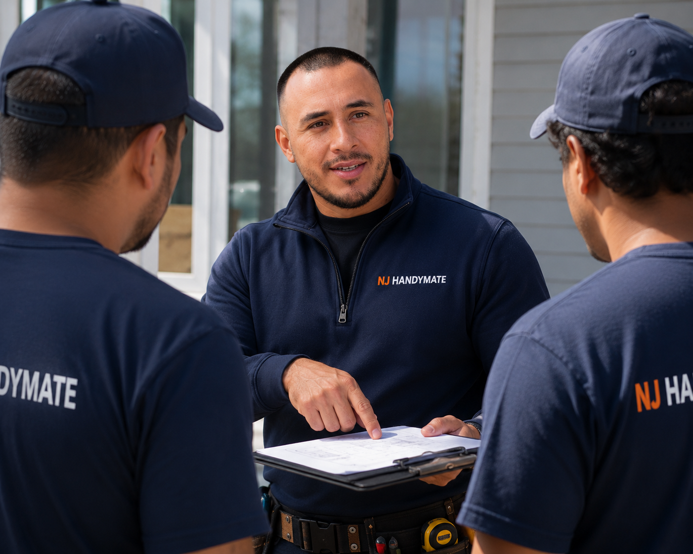 Oscar Cedeño with the NJHandymate team reviewing project plans on site