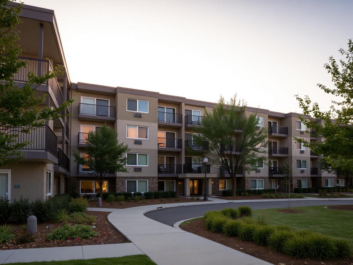 Multifamily property exterior at dusk